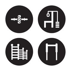 4 vector icon set : Gymnastic Roller, gym Ladder, Gym Station, bars isolated on black background