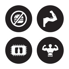 4 vector icon set : No Fast Food, Mat, Muscles, Lumbar belt isolated on black background