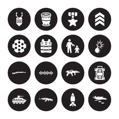 16 vector icon set : Dog tag, Airplane Bomb, AK 47, Armo Vehicle, Army backpack, Air force, Chamber, Bayonet On Rifle, execution isolated on black background
