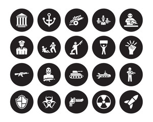 20 vector icon set : federal agency, Nuclear, Pistol, radiation, Shield, guerrilla, Revolt, Tank, Kalashnikov, Assault, artillery isolated on black background