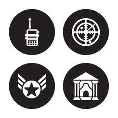 4 vector icon set : Militar Radio, In, Radar, antique building isolated on black background