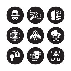 9 vector icon set : Data Mining, analysis, Cloning, Cloud computing, Intelligence, Cyborg, Cpu, Chip isolated on black background