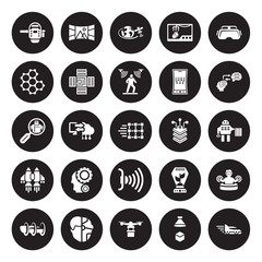 25 vector icon set : Personal assistant, Hologram, Hover transport, Humanoid, Hyperloop, Mind transfer, Layers, Infra, Jetpack, Nanotechnology isolated on black background.