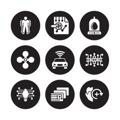 9 vector icon set : Exoskeleton, Evaluation, Difference engine, Dna structure, Driverless autonomous car, Egg incubator, Drone, Depth perception isolated on black background