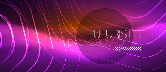 Neon glowing wave, magic energy and light motion background. Vector wallpaper template