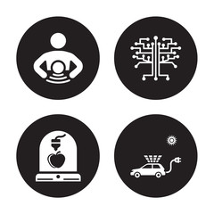 4 vector icon set : Telekinesis, Synthetic food, technology Tree, Solar energy car isolated on black background