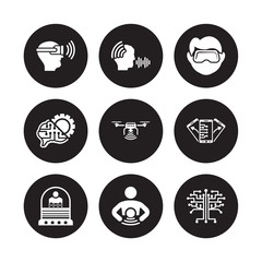 9 vector icon set : Vr glasses, Voice recognition, Teleportation, Tilt, Unmanned aerial vehicle, Virtual reality, Unsupervised learning, Telekinesis isolated on black background