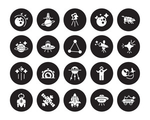 20 vector icon set : aerosphere, Space ship, shuttle, station, suit, Ursa major, Telescope, Sputnik, Stars, UFO, aerolite isolated on black background