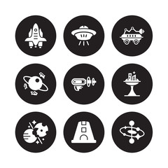 9 vector icon set : Space shuttle, ship, Collision, colony, gun, robot, junk, capsule isolated on black background