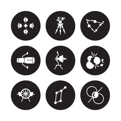 9 vector icon set : Solstice, Reflector, Airscrew, Big bang, Voyager, Capricorn, Hubble space telescope, Lyra Constellation isolated on black background