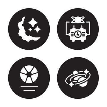 4 Vector Icon Set : Half Moon, Gamma Ray, Generator, Galaxy Isolated On Black Background