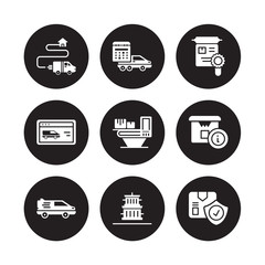 9 vector icon set : Delivery Destination, delivery Schedule, by car, Info, X ray, Charter, Website, containers isolated on black background