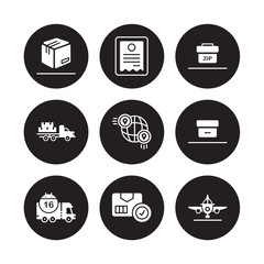 9 vector icon set : Box, Bill, Delivery day, box, Global distribution, Zip code, Freight, Package checking isolated on black background
