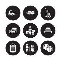 9 vector icon set : Forklift, Fast delivery, Clipboard, Conveyor, Courier, Delivery cart, Delivery, Cargo isolated on black background