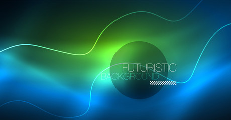 Glowing abstract wave on dark, shiny motion, Christmas and New Year magic space light. Techno abstract background