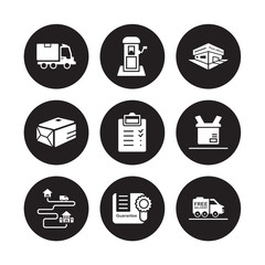 9 vector icon set : Shipping, Postbox, Moving, Open box, Order, Post office, Package, Guarantee isolated on black background