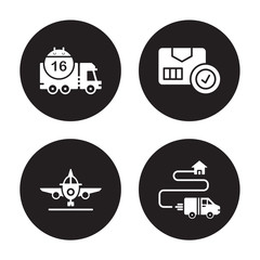 4 vector icon set : Delivery day, by Plane, Package checking, Destination isolated on black background