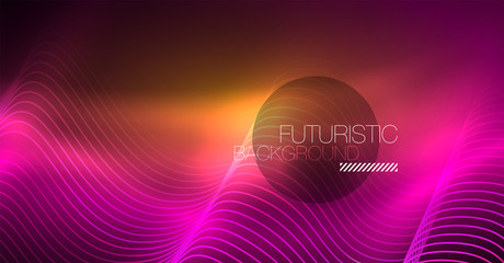 Abstract shiny glowinng color wave design element on dark background - science or technology concept