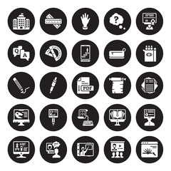 25 vector icon set : School, Online class, online coaching, course, education, Pencil box, Parchment, test, Paleontology, QA, Raise hand, Ruler isolated on black background.