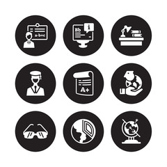 9 vector icon set : Instructor, Information, Glasses, Global learning, Grades, Homework, Graduation, Geology isolated on black background