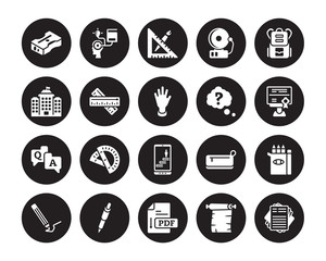 20 vector icon set : Sharpener, Parchment, Pdf, Pen, Pencil, School bag, Question, Progress, QA, Ruler, material isolated on black background
