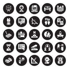 25 vector icon set : Whiteboard, School bell, material, self-learning, Sharpener, Translation, Study tools, Stapler, Student, Uniform, Vocabulary, Web camera isolated on black background.