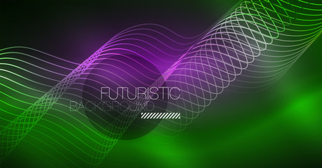 Abstract shiny glowinng color wave design element on dark background - science or technology concept
