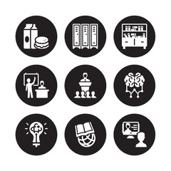 9 vector icon set : Lunch, Lockers, Knowledge, Learning, Lecture, Library, Lesson, International isolated on black background