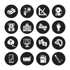16 vector icon set : Sharpener, Pencil box, case, Progress, Protractor, Pencil, School bag, Question, Ruler isolated on black background
