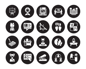 20 vector icon set : Whiteboard, Sociology, Stapler, Streaming, Student, University, Translator, Studying, Test, Tutorial, Vocabulary isolated on black background