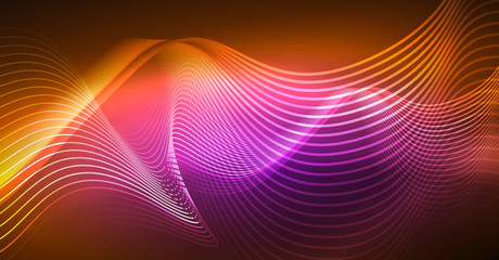 Abstract shiny glowinng color wave design element on dark background - science or technology concept