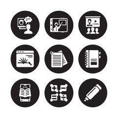 9 vector icon set : Online course, online coaching, mobile learning, Notebook, Notes, class, Online, Maths isolated on black background