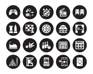 20 vector icon set : Controller, Air hockey, Arcade, Arcade game, Billiards, Cinema seat, Carousel, Bowling, Bumper car, Chess, Club isolated on black background