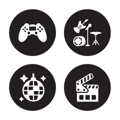 4 vector icon set : Controller, Club, Concert, Clapboard isolated on black background