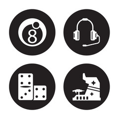 4 vector icon set : Eight ball, Domino, Earphone, Dices isolated on black background