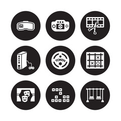 9 vector icon set : Video game, editing, Tetris, Theater, Tic tac toe, console, Token, Tamagotchi isolated on black background
