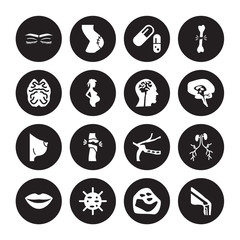 16 vector icon set : Closed eyes with lashes and brows, Basophil, Big Cellule, Lips, Blood Supply System, Ball of the knee, Brain upper view isolated on black background