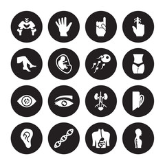16 vector icon set : Hip Bone, Digestive System, Dna, Ear lobe side view, Ear, Column inside a male human body in Foot view isolated on black background