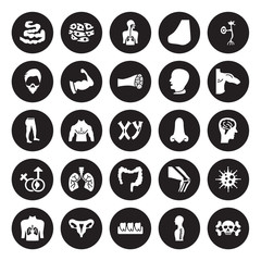 25 vector icon set : Small Intestine, Human Spine, Teeth, Uterus, with focus on the lungs, Men Shoulder, Male nose of a line, Large Intestine isolated black background.