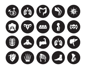 20 vector icon set : Male and female gender, Human Foot, footprints, hand bones, Heart, Immune System, Spine, Muscle, Ribs isolated on black background