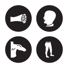 4 vector icon set : Muscle Fiber, Men Shoulder, Mouth Open, Leg isolated on black background