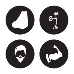 4 vector icon set : Nose Side View, Mustache curled tip variant, Neuron, Muscular arm isolated on black background