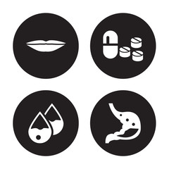 4 vector icon set : Thin lips, Sweat or tear drop, Tablet and capsule medications, Stomach with Liquids isolated on black background