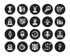 20 vector icon set : Grievance, Timeline, Timer, Timing, Urgent, Confidentiality agreement, Balanced scorecard, Waiting, Watch, Benchmarking isolated on black background