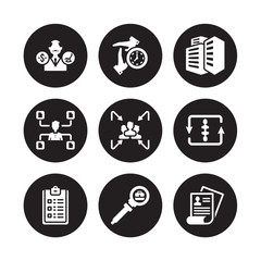 9 vector icon set : Pension, Out of time, List, Loop, Meeting point, Office building, Multitask, Job search isolated on black background