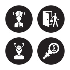 4 vector icon set : Grievance, Emotional intelligence, Exit interview, Due diligence isolated on black background