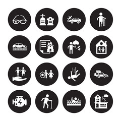 16 vector icon set : Glasses insurance, Drown, Elderly, Engine problems, Excessive weight for the vehicle, Disaster, Flood risk, Family Care, Finances isolated on black background