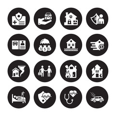 16 vector icon set : Medical insurance, Health Heart Hospitalization, House insurance for storms, Hail on the car, License isolated black background