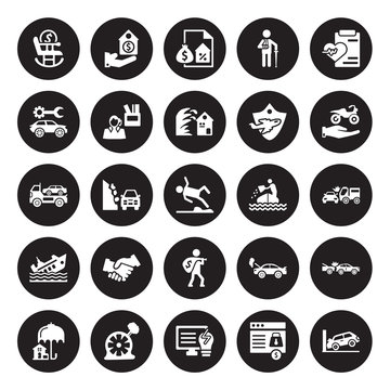25 vector icon set : Retirement, Payment protection, Problem electric, Puncture in a wheel, Real estate insurance, Transport Sinking, Robbery, Ship insurance isolated on black background.