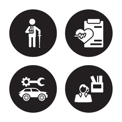4 vector icon set : Wounded, Vehicle repair, Wellness, Unemployed isolated on black background